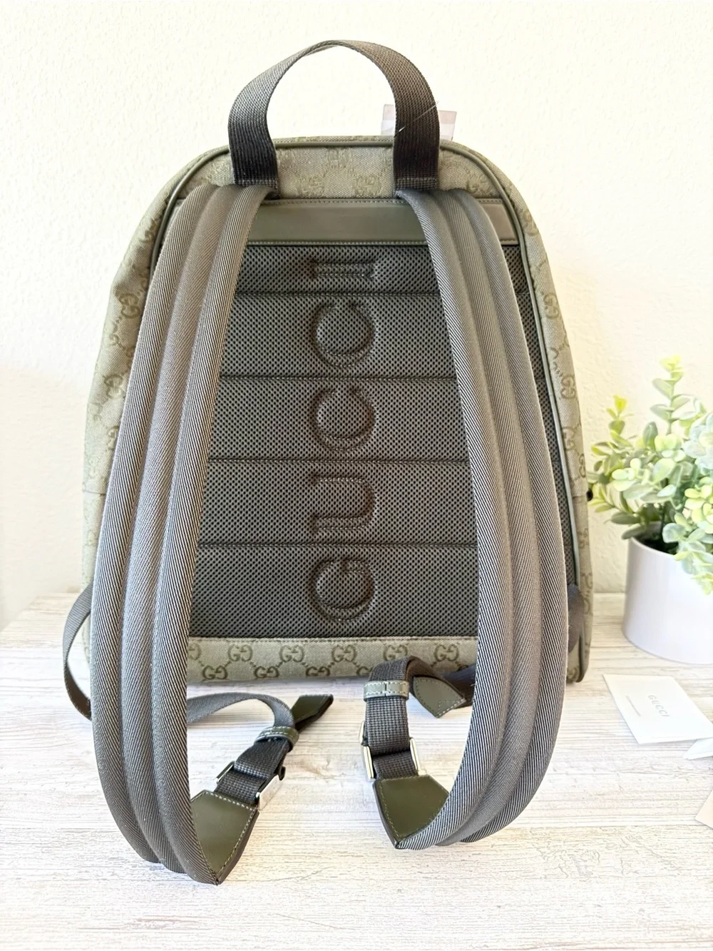 New Gucci GG Monogram Canvas men medium backpack, olive green